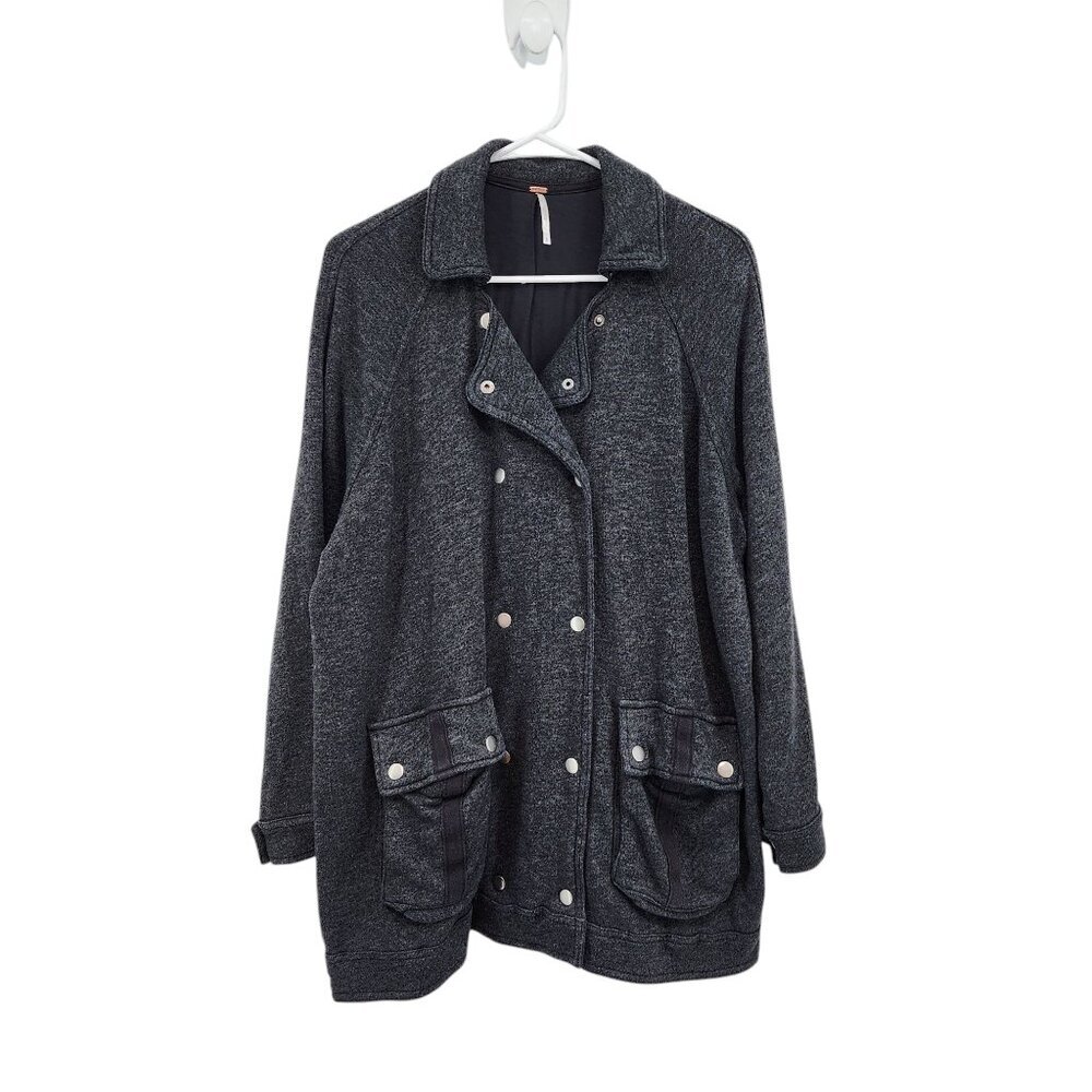 Free People Women's Oversized Linen Blend Grey Snap On Long Sleeve Sweater Sz S
